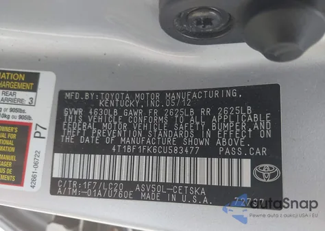 2012 Toyota Camry Se from USA, damaged, VIN 4T1BF1FK6CU583477